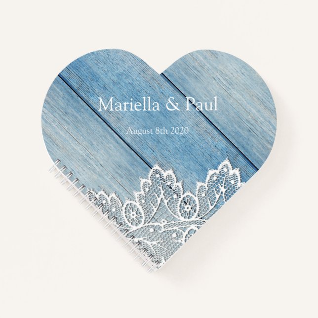 Pretty Lace Blue Wood Heart Shaped Wedding Notebook (Front)