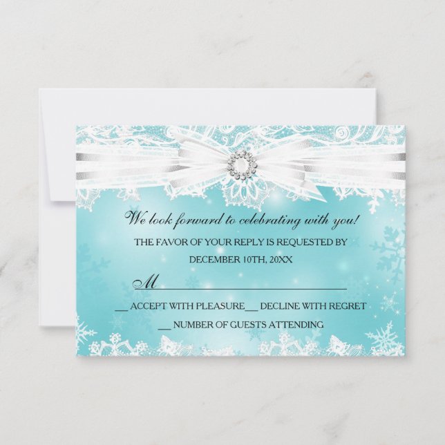 Pretty Lace & Bow Teal Christmas Holiday RSVP Invitation (Front)