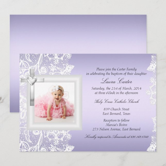 Pretty Lace Cross Purple Baptism/Christening Invitation (Front/Back)