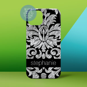 Pretty Lace Damask Pattern Black and White iPhone 15 Case