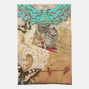Pretty Lace Edge Vintage Butterfly Turquoise Sepia Kitchen Towel