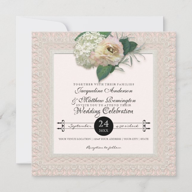 Pretty Lace Typography French Floral Flower Peony Invitation (Front)