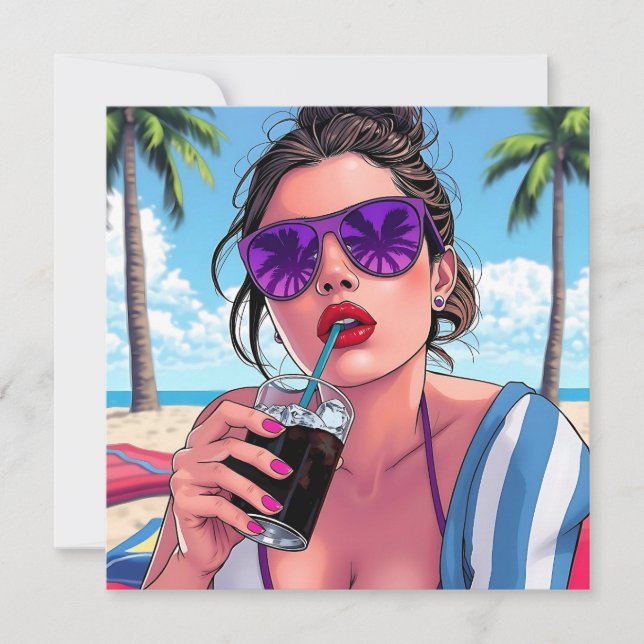 Pretty Lady at Beach Pop Art Blank Card (Front)