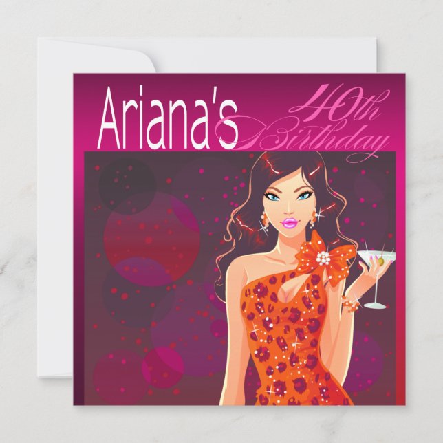 Pretty Lady Birthday Cocktail fuschia/orange Invitation (Front)