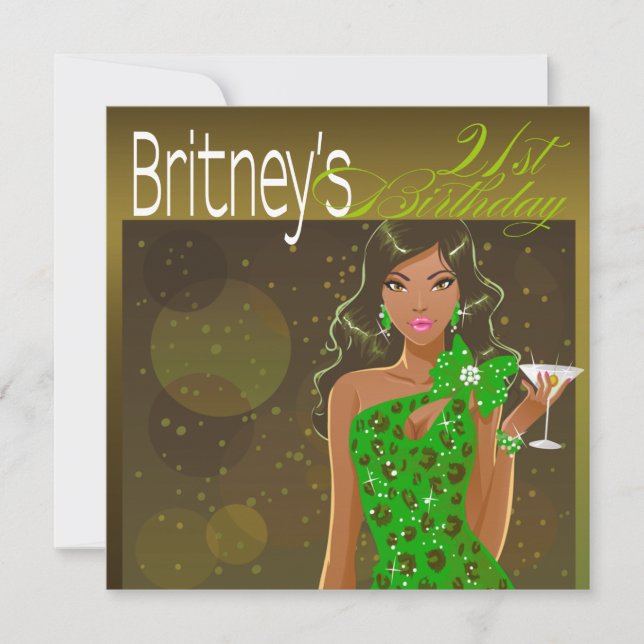 Pretty Lady Birthday Cocktail olive/green Invitation (Front)