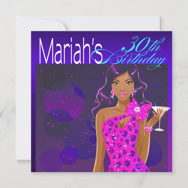 Pretty Lady Birthday Cocktail Party cobalt/fuschia Invitation (Front)