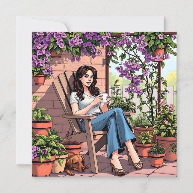 Pretty Lady Drinking Coffee Relaxing Outside (Front)