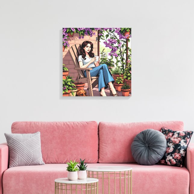 Pretty Lady Drinking Coffee Relaxing Outside Canvas Print (Insitu(LivingRoom))