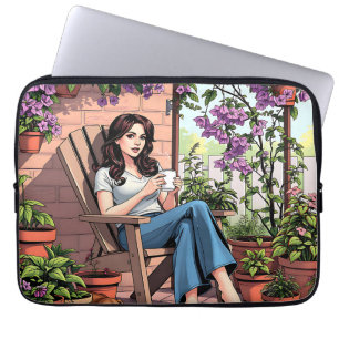 Pretty Lady Drinking Coffee Relaxing Outside Laptop Sleeve
