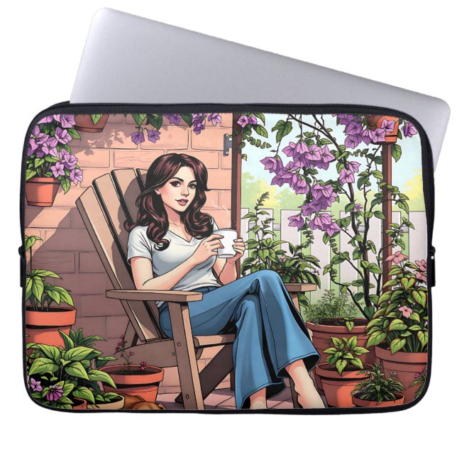 Pretty Lady Drinking Coffee Relaxing Outside Laptop Sleeve (Front)