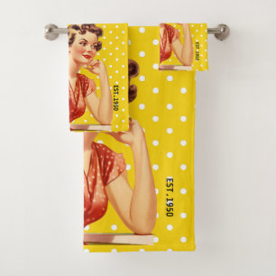 Pretty lady in 1950 Colourful Vintage Yellow Bath Towel Set
