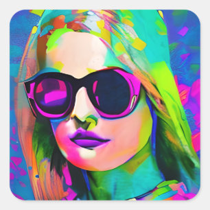 Pretty Lady in Sunglasses Unique Modern Art Square Sticker