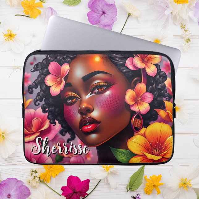 Pretty Lady of Colour Pink Flowers Personalized Laptop Sleeve (Creator Uploaded)