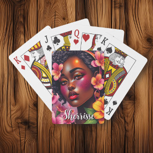 Pretty Lady of Colour Pink Flowers Personalized Playing Cards