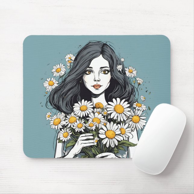 Pretty Lady With Daisy Bouquet Mouse Pad (With Mouse)
