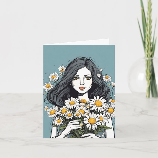 Pretty Lady With Daisy Bouquet Note Card (Front)