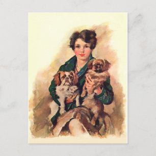 Pretty Lady with Pekingese Dogs Postcard
