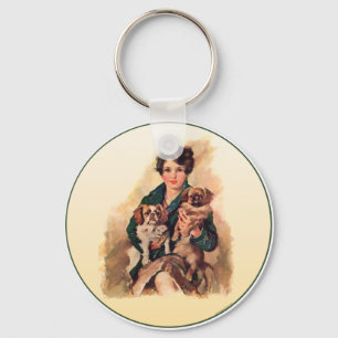 Pretty Lady with Pekingese Keychain