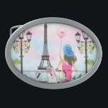 Pretty Lady with Pink Heart Balloon - I Love Paris Belt Buckle<br><div class="desc">Pretty Lady with Pink Heart Balloon - I Love Paris - Romantic Drawing - Choose / Add Your Unique Text / Font / Colour - Make Your Special Gift - Resize and move or remove and add elements - Image / text with customization tool ! - Drawing and Design by...</div>