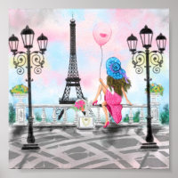 Pretty Lady with Pink Heart Balloon - I Love Paris