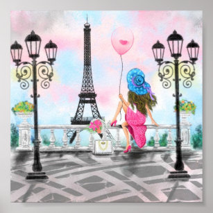 Pretty Lady with Pink Heart Balloon - I Love Paris Poster