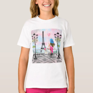 Pretty Lady with Pink Heart Balloon - I Love Paris T-Shirt