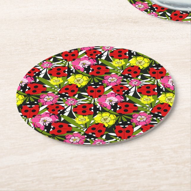 Pretty Ladybug and Flowers Pattern Cute Round Paper Coaster (Angled)