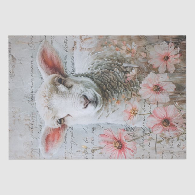 Pretty Lamb Pink Flowers Script Decoupage Tissue Paper (Front)