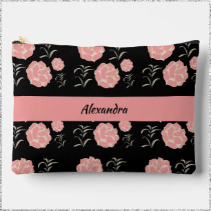 Pretty Large Pink Roses with Foliage on Black  Accessory Pouch