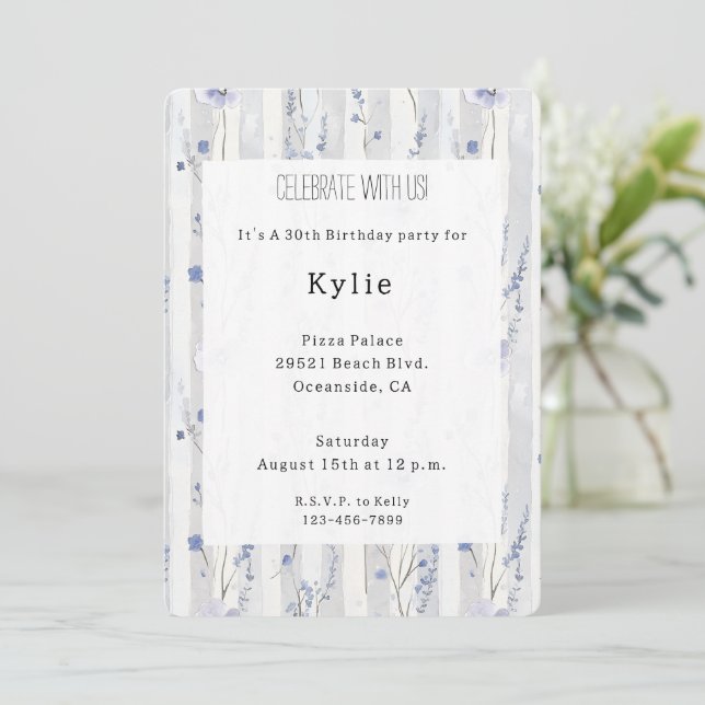 Pretty Lavender Lilac White Floral Stripes Invitation (Standing Front)