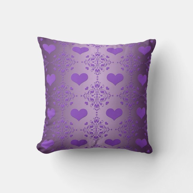 Pretty Lavender Purple Hearts Damask Throw Pillow (Front)
