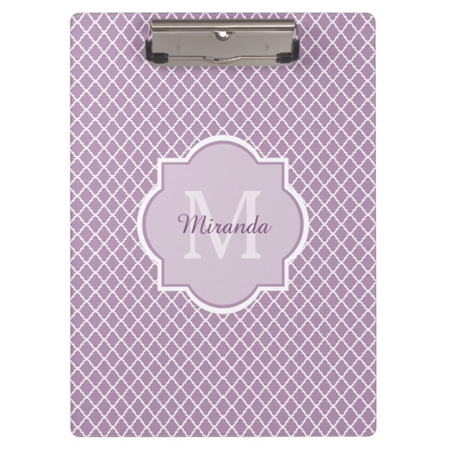 Pretty Lavender Purple Quatrefoil Monogrammed Name Clipboard (Front)