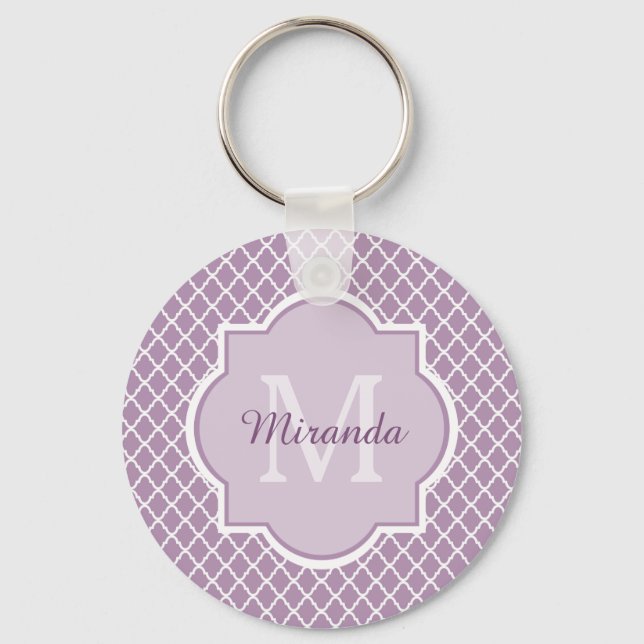 Pretty Lavender Purple Quatrefoil Monogrammed Name Keychain (Front)