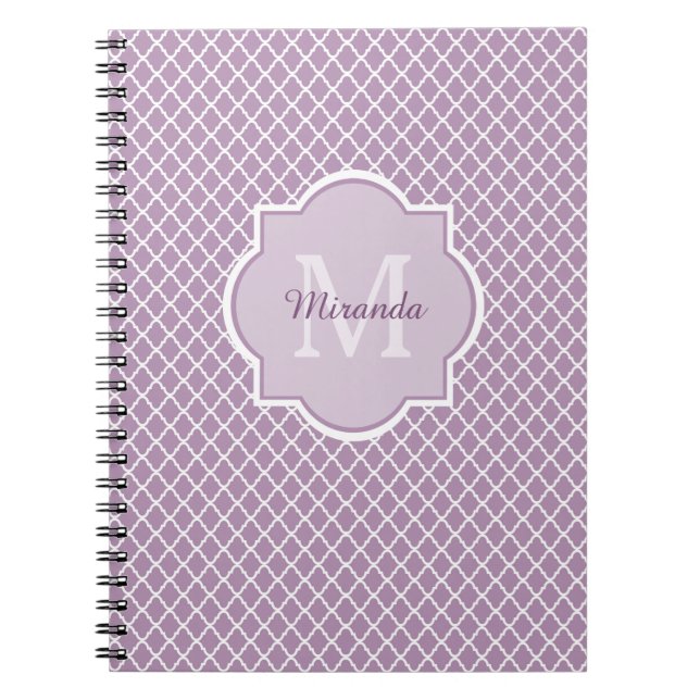Pretty Lavender Purple Quatrefoil Monogrammed Name Notebook (Front)