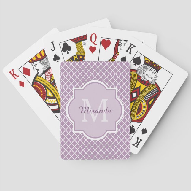 Pretty Lavender Purple Quatrefoil Monogrammed Name Playing Cards (Back)