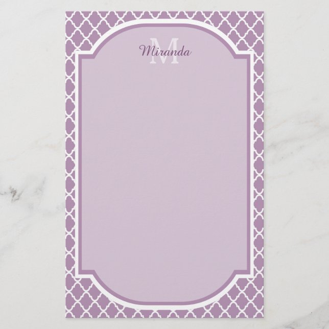 Pretty Lavender Purple Quatrefoil Monogrammed Name Stationery (Front)