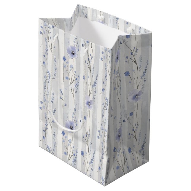 Pretty Lavender White Floral Stripes Bridal Shower Medium Gift Bag (Front Angled)
