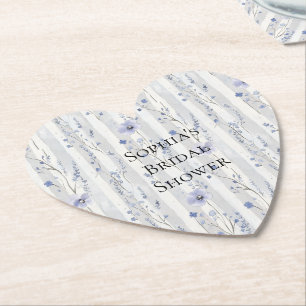 Pretty Lavender White Floral Stripes Bridal Shower Paper Coaster