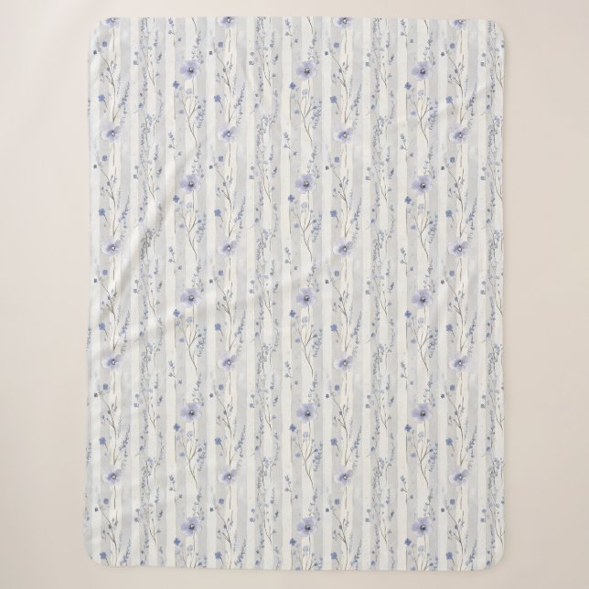 Pretty Lavender White Floral Stripes Bridal Shower Sherpa Blanket (Front)