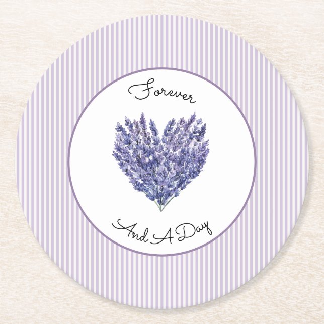 Pretty Lavender White Stripes Wedding Round Paper Coaster (Front)