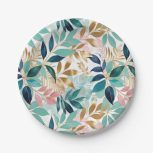 Pretty Leaf Pattern Pink Aqua Paper Plate