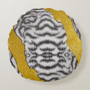 Pretty Leather White Tiger Animal Print & Glitter Round Pillow