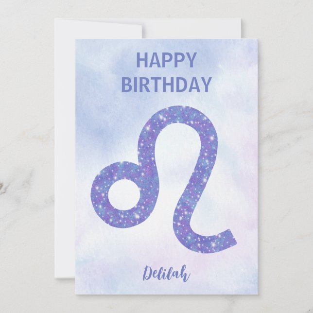 Pretty Leo Sign Personalized Purple Happy Birthday Card (Front)