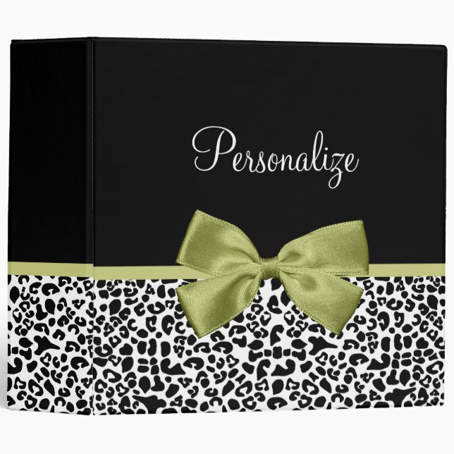 Pretty Leopard Print Spring Green Bow With Name Binder (Front/Spine)