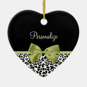 Pretty Leopard Print Spring Green Bow With Name Ceramic Ornament