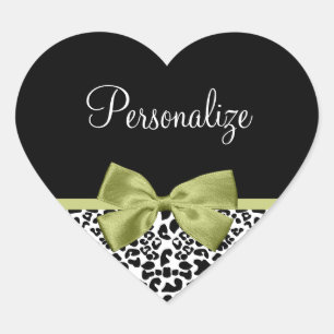 Pretty Leopard Print Spring Green Bow With Name Heart Sticker