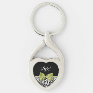 Pretty Leopard Print Spring Green Bow With Name Keychain