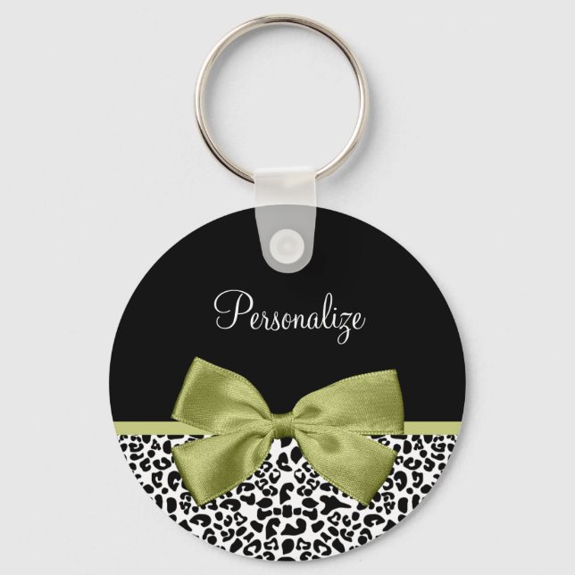 Pretty Leopard Print Spring Green Bow With Name Keychain (Front)