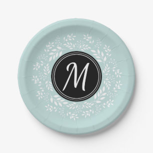 Pretty Light Blue Floral Wreath Personalized Paper Plate