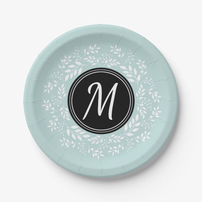 Pretty Light Blue Floral Wreath Personalized Paper Plate (Front)